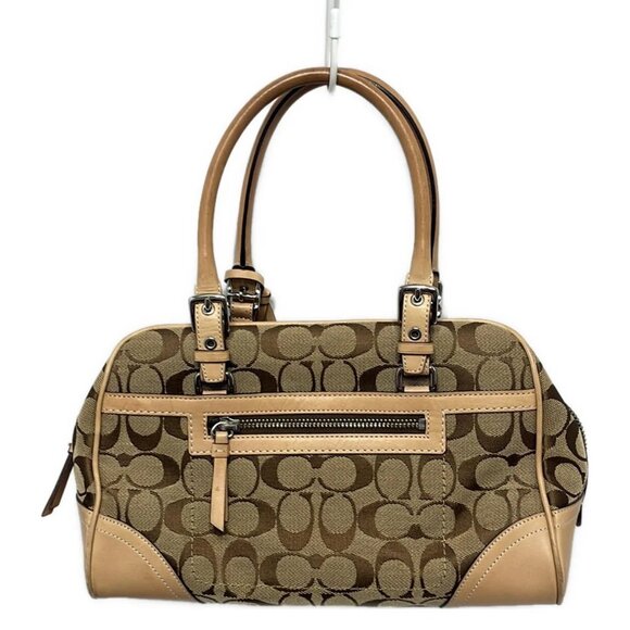 Auth COACH Hamptons Signature Satchel 8K05 Khaki Light Brown Jacquard Leather - Picture 3 of 10